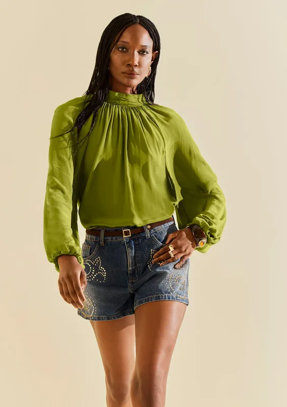 Blusa Morena Rosa Solta Gola Alta Manga Longa Padrão Verde - Morena Rosa - Outlet