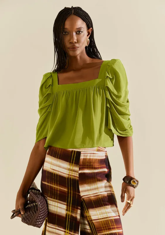Blusa Morena Rosa Solta Decote Reto Manga Curta Cropped Verde - Morena Rosa - Outlet