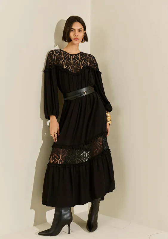 Vestido Morena Rosa Solto Decote Careca Manga Longa Midi Preto - Morena Rosa - Outlet