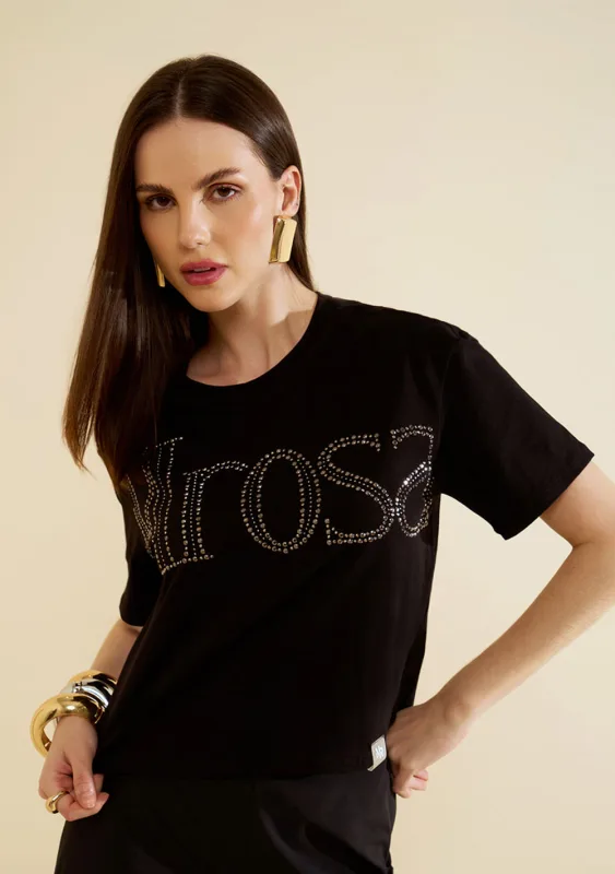 Camiseta Morena Rosa Solta Decote Careca Manga Curta Cropped Preto - Morena Rosa