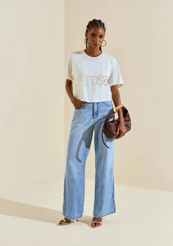 Camiseta Morena Rosa Solta Decote Careca Manga Curta Cropped Off White - Morena Rosa - Outlet