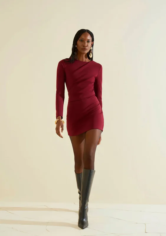 Vestido Morena Rosa Ajustado Decote Careca Manga Longa Curto Bordo - Morena Rosa