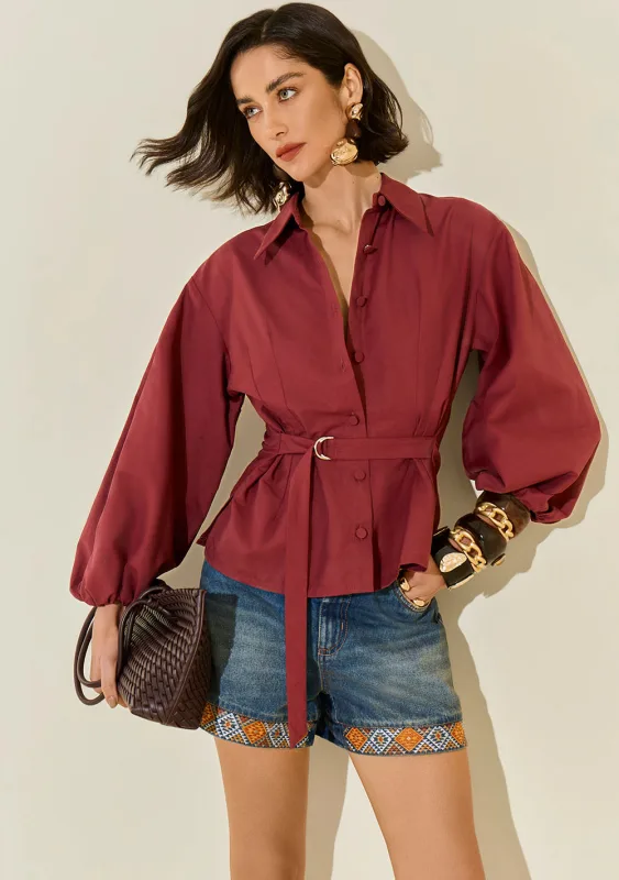 Camisa Morena Rosa Ajustada Gola Clássica Manga Longa Padrão Bordo - Morena Rosa - Outlet