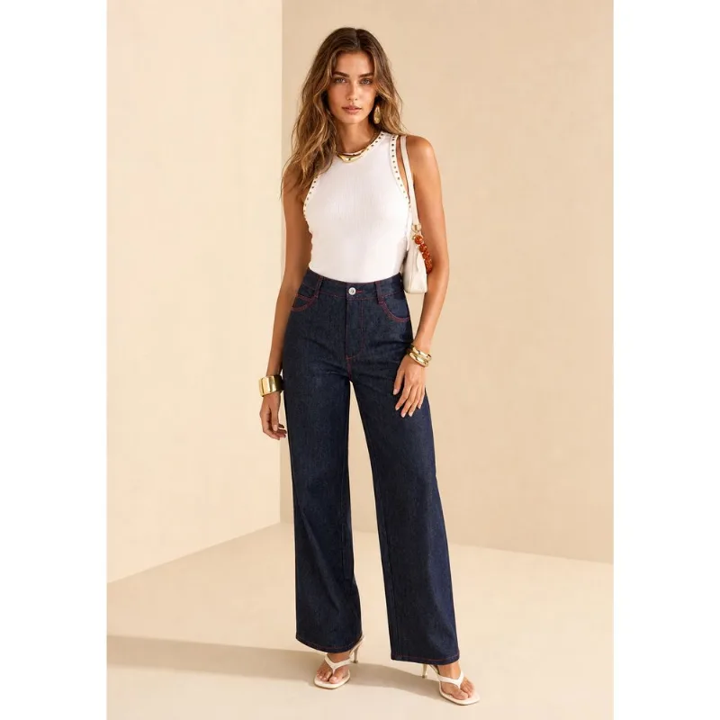 Calça Reta Alta Azul 40