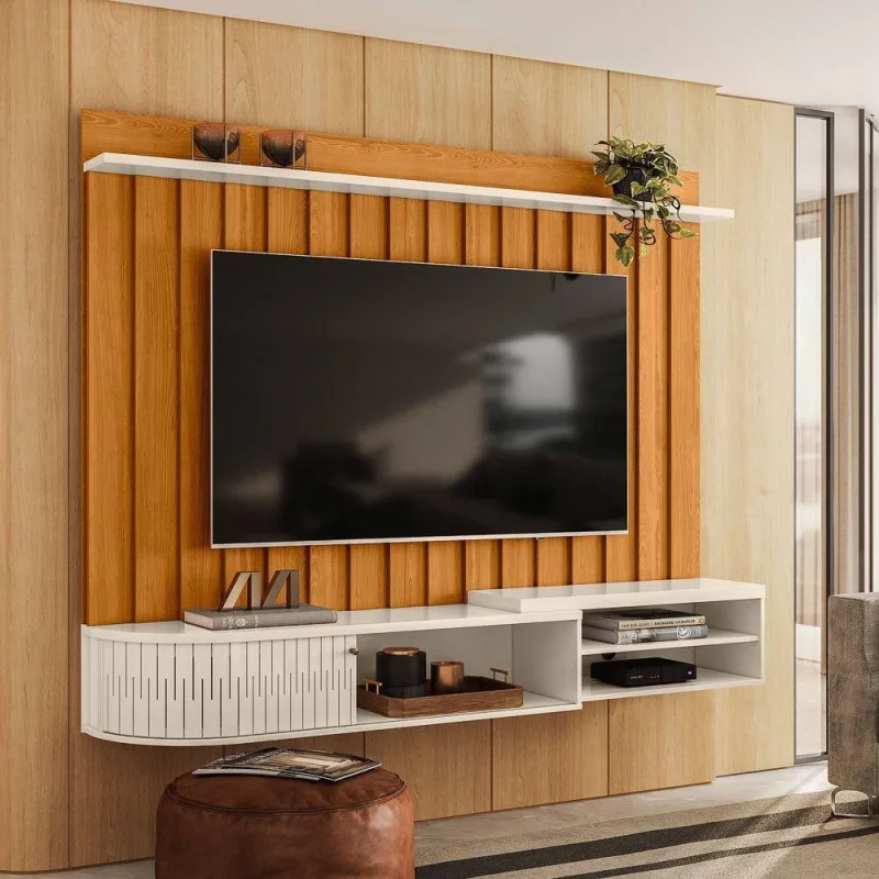 Painel Tv Elvano 75" 207CM MDP com Bancada Suspensa Cinamomo Off White D'Rossi - OUTRAS - Agro