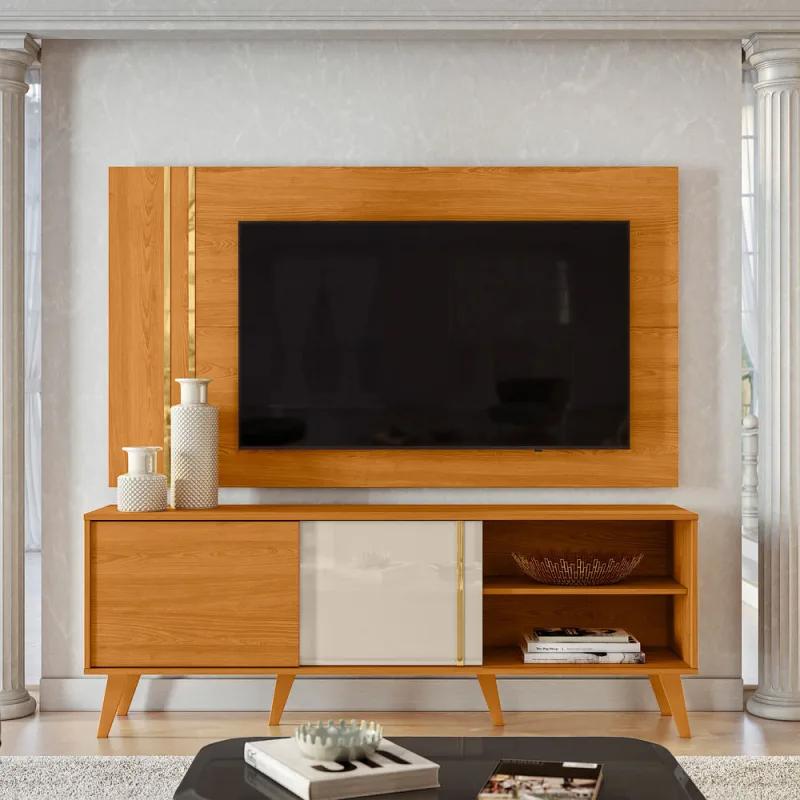 Painel TV 60 Pol 160cm com Rack Bancada para Sala Hylon Cinamomo/Off White M20 - D'Rossi - DRossi - Móveis