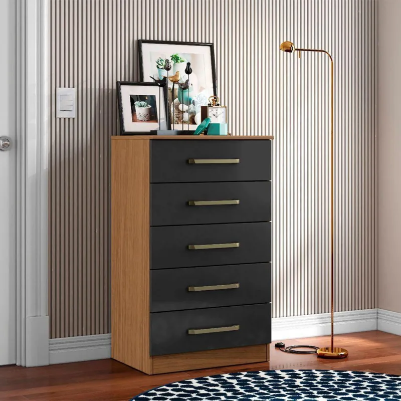 Cômoda Para Quarto Com 5 Gavetas 61cm Ingrid A09 - D'rossi Atacama E Grafite - OUTRAS