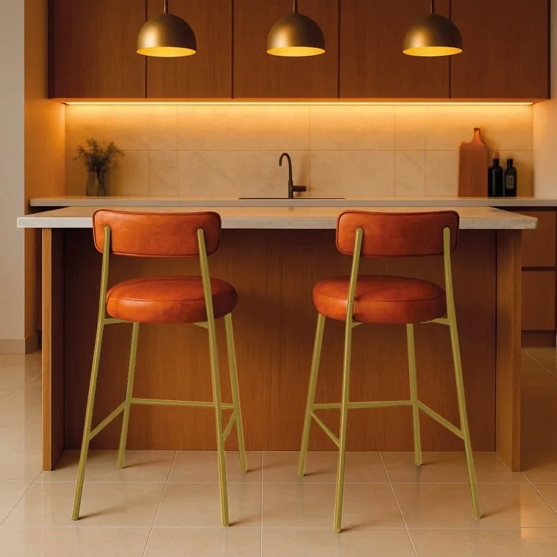 Banqueta Cozinha Média com Encosto Industrial Dourado Kit 2 Londres PU D03 - D'Rossi - D'Rossi