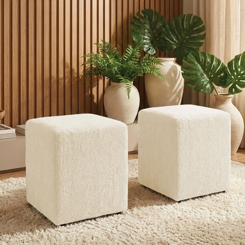Puff Sala Decorativo Quadrado Kit 2 Lucca Base Fixa Bouclê Bege G02 - D'Rossi