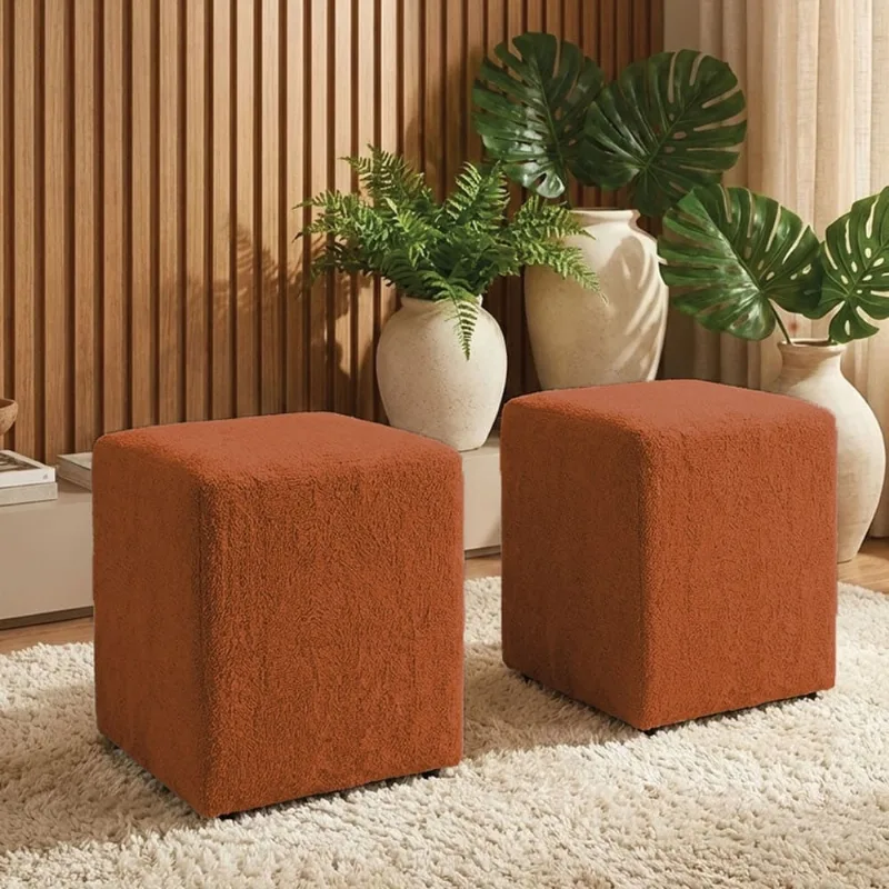 Puff Sala Decorativo Quadrado Kit 2 Lucca Base Fixa Bouclê Terracota G02 - D'Rossi