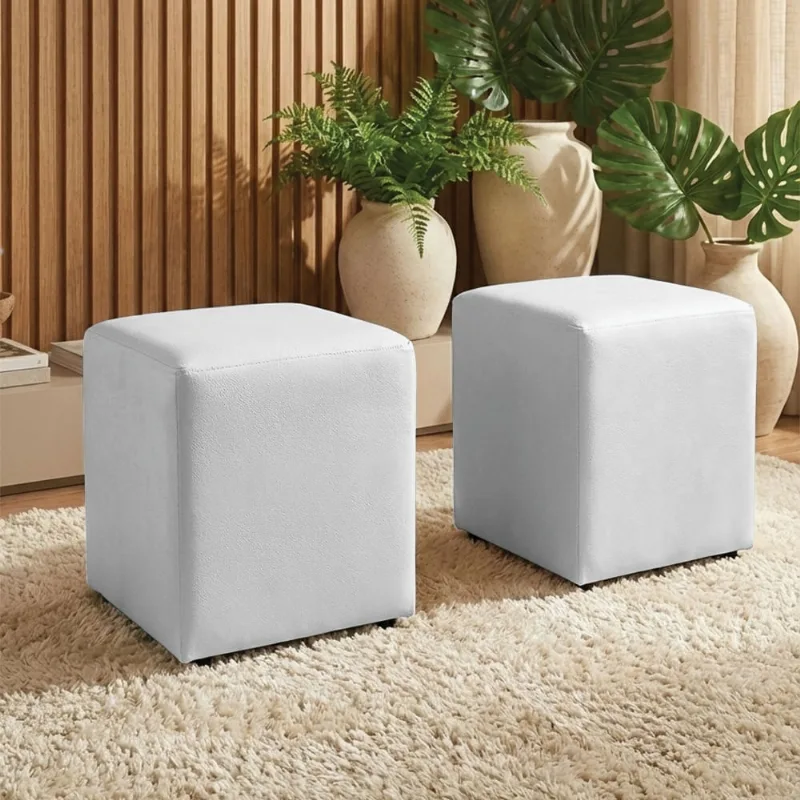 Puff Sala Decorativo Quadrado Kit 2 Lucca Base Fixa Sintético Branco G02 - D'Rossi