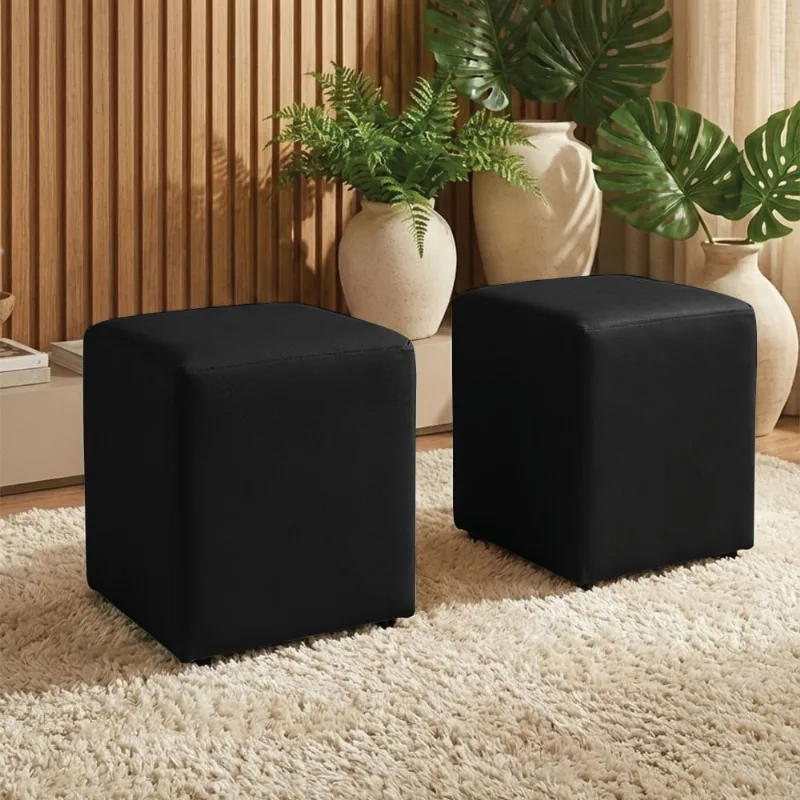 Puff Sala Decorativo Quadrado Kit 2 Lucca Base Fixa Sintético Preto G02 - D'Rossi