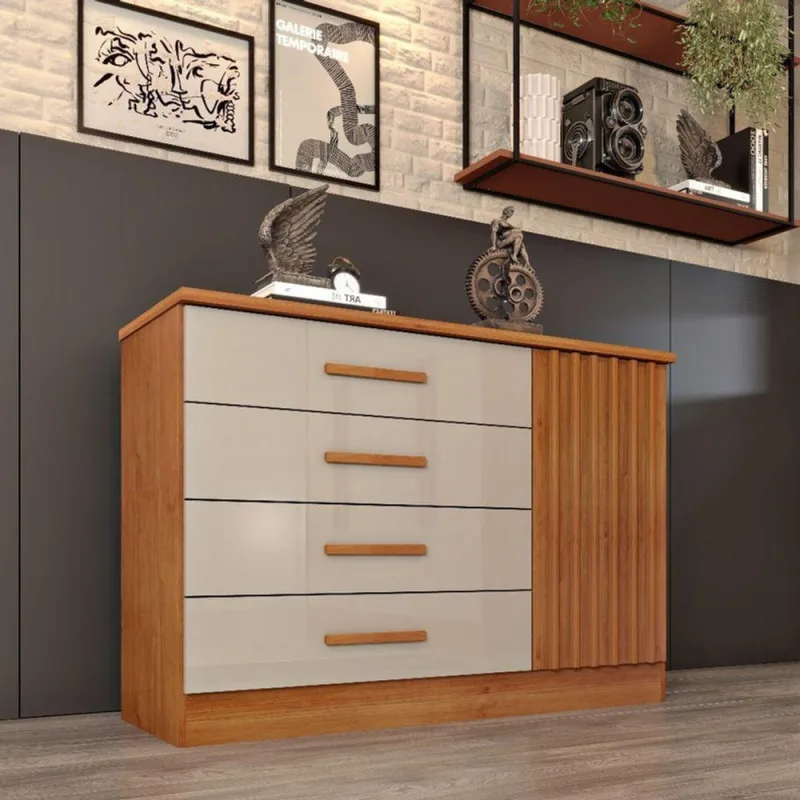 Cômoda Para Quarto Ripada 1 Portas 4 Gavetas - Barcelona-cinamomo-off White - Tcil Móveis - Tcil Móveis