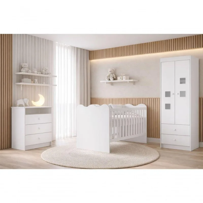Quarto Completo Infantil Algodão com Berço Que Vira Cama em MDF com Guarda-Roupa 2 Portas 5 Gavetas - OUTRAS - Móveis
