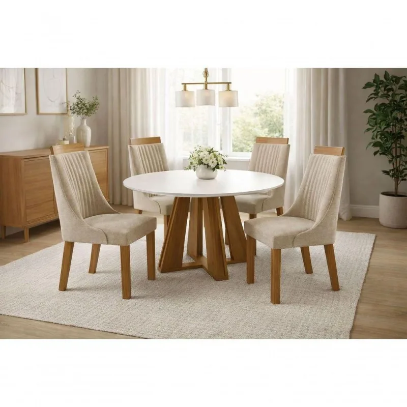 Sala de Jantar Boss Redonda 4 Lugares Tampo de Vidro Off White 1,10m Domus Parati - DOMUS PARATI