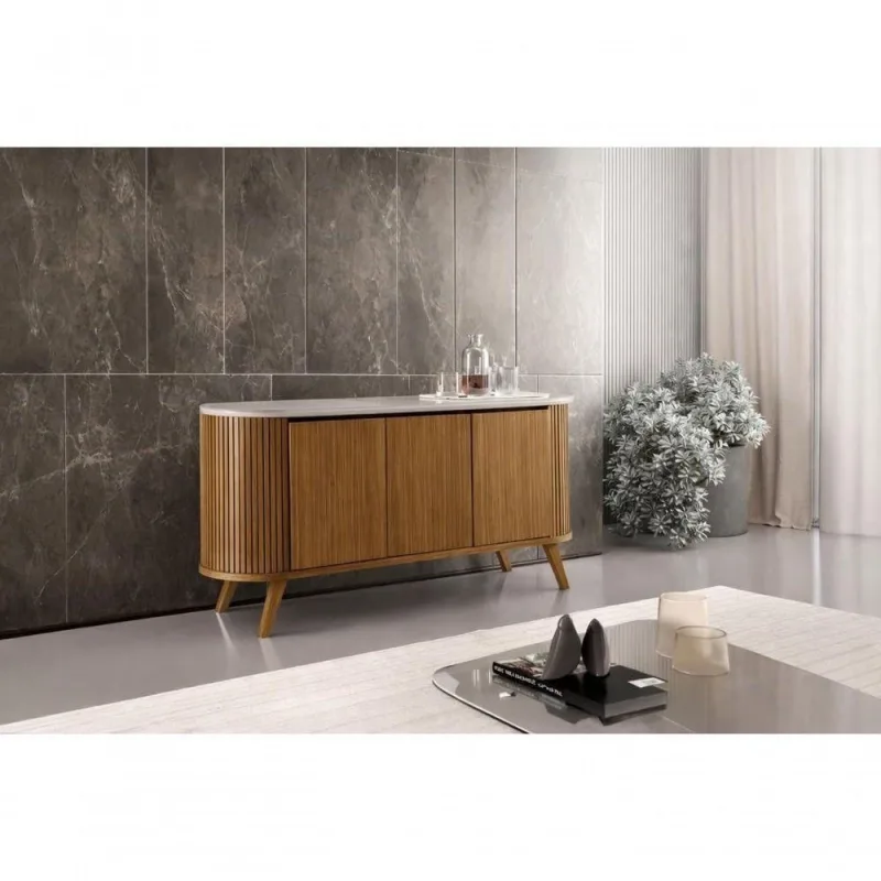 Buffet Aurora Ripado 3 Portas em MDF-MDP com Vidro Temperado para Sala de Jantar Domus Parati - DOMUS PARATI