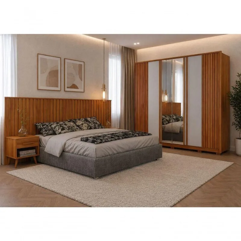 Dormitório Casal Ripado Completo Premium 2 Gavetas MDF 276cm Cinamomo Off White Arbo - arbo