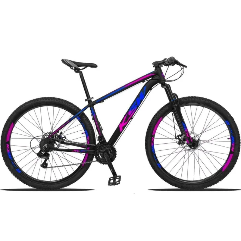 Bicicleta Mountain Bike Aro 29 Shimano 24 Marchas Quadro Alumínio KSW Preto-azul e Rosa - KSW - Esporte E Lazer