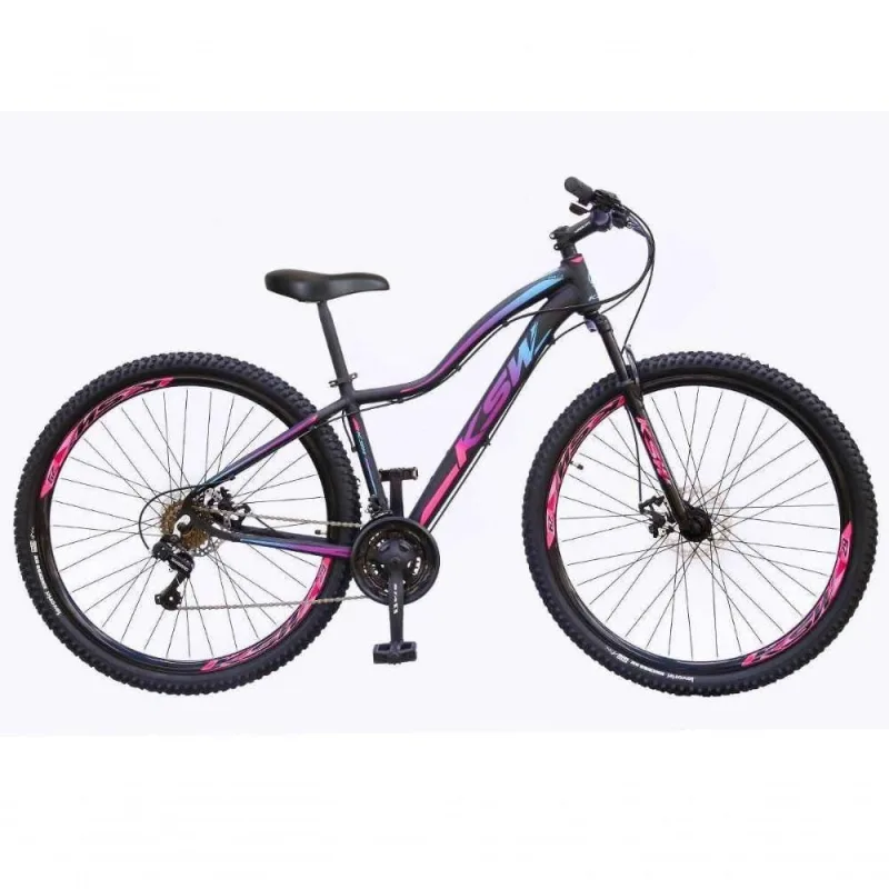 Bicicleta Aro 29 Ksw 24v Shimano Tx800 Quadro Alumínio 6061 Freio Hidráulico Preto-rosa e Azul - KSW