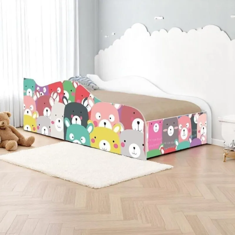 Cama Infantil Glow Ursinhos Coloridos em MDF Branco com Grade de Proteção Casah
