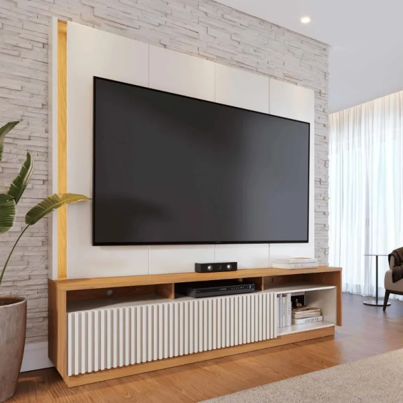 Home Theater Jordania 200CM MDF com Nicho Off White Freijó Casah - Casah - áudio