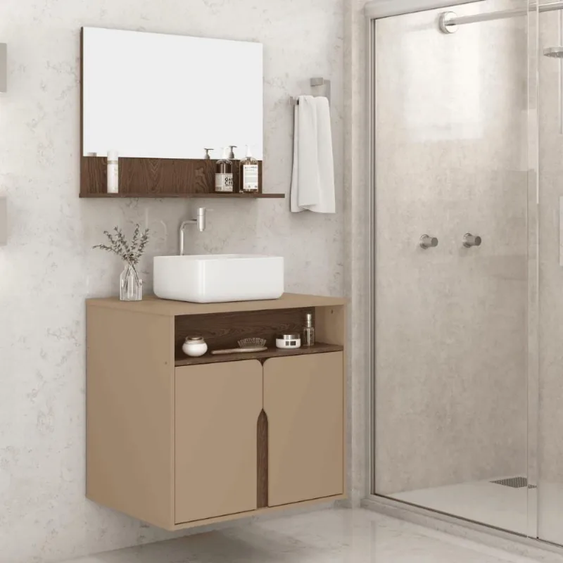 Kit Banheiro Nezha 1 Porta 1 Prateleira MDP 60cm Fendi Carvalho Casah