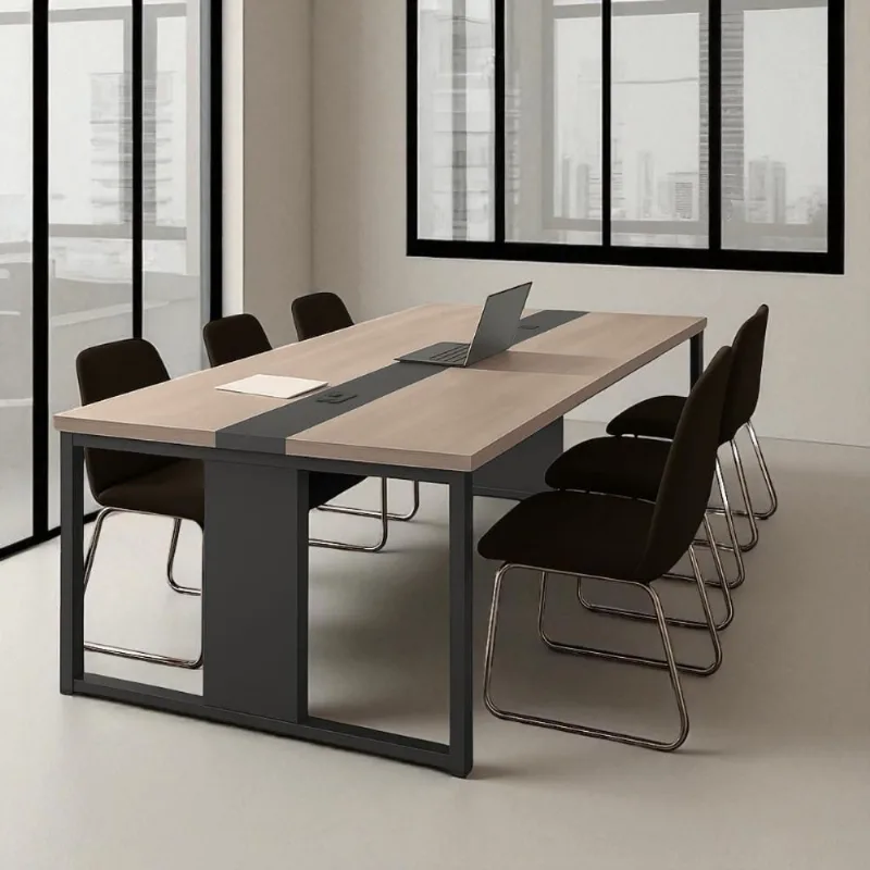 Mesa de Reunião Retangular 240cm com Passa Fio MDP 110cm Nogueira Preto Mais de Casa
