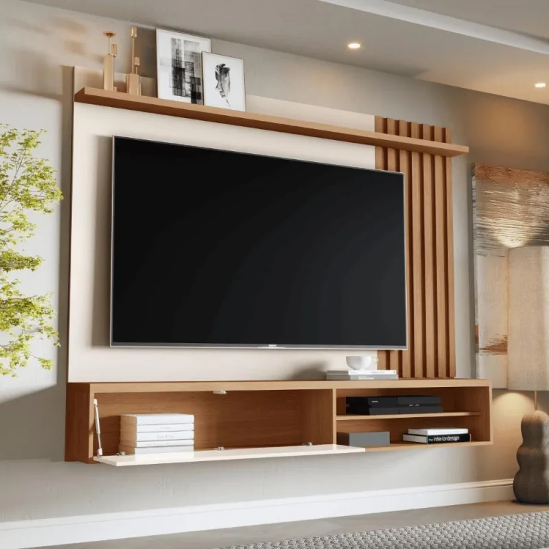 Painel Tv Ripado Rack Suspenso Sala Estar Off White Freijó Off White Freijó - Casah - Móveis