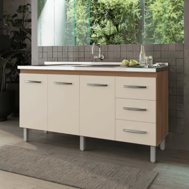 Balcão de Pia Savana 3 Portas 3 Gavetas MDP 158CM Off White Casah