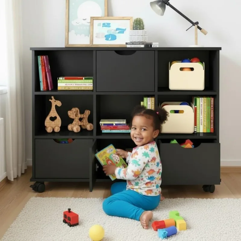 Balcão Com 9 Nichos E 3 Gavetas Para Quarto Infantil Preto - OUTRAS - Móveis