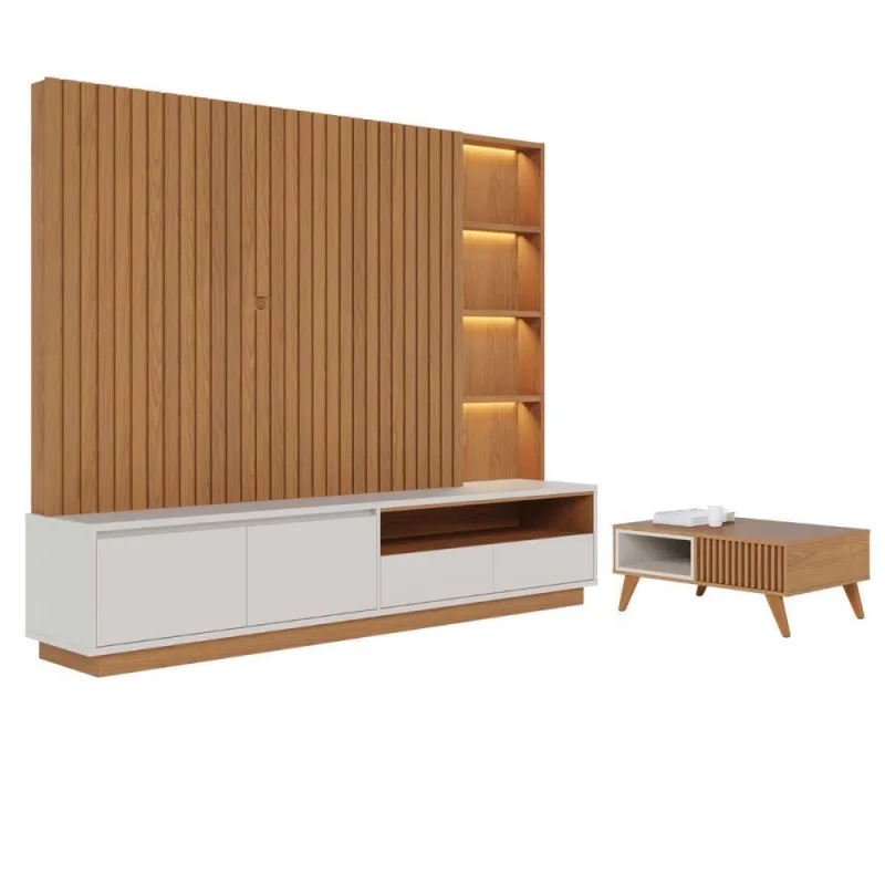 Conjunto Mesa e Estante para Sala de Estar Atena sem Porta 3 Prateleiras MDP-MDF 240CM Freijó Off - colibri móveis - Móveis