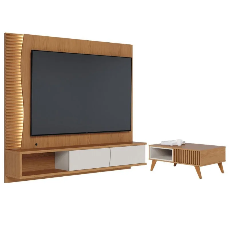 Conjunto Mesa e Painel para TV 65 Nexo MDP MDF com Nicho Porta Basculante Freijó Off White Matte - colibri móveis - Móveis