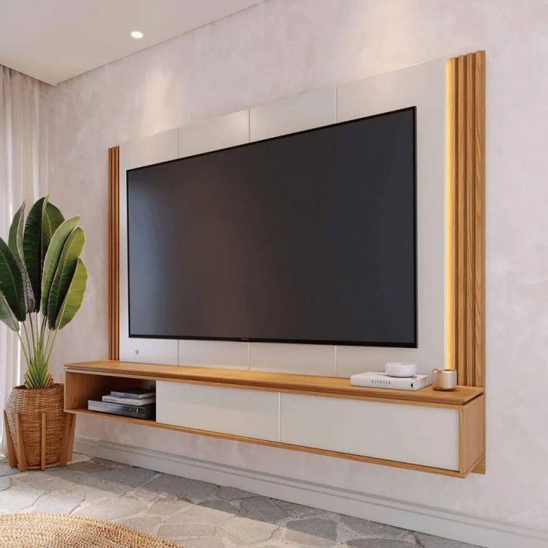 Painel para TV Tom 75" 217CM MDP MDF com Porta Correr Off White Matte Freijo Colibri Móveis - colibri móveis - Agro