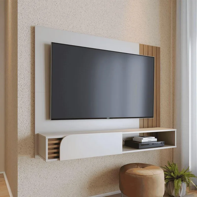 Painel para TV Luca 160CM MDP MDF com Porta Basculante Off White Matte Freijó Colibri Móveis - colibri móveis - Agro