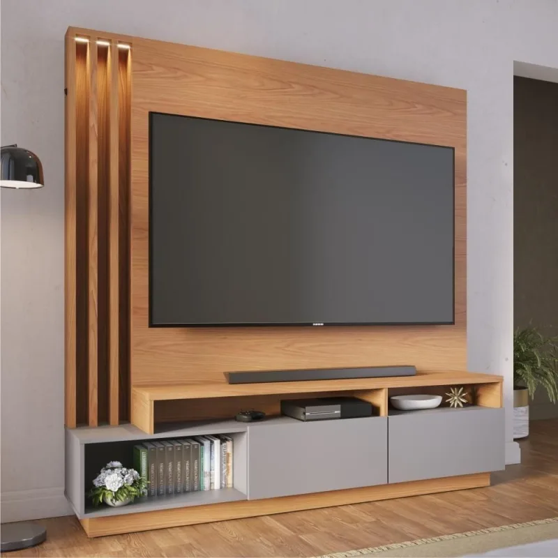 Home Theater Serra Clara Torino para TV 75 Polegadas MDP com Canaleta LED Freijó Cinza Fosco Colibri - colibri móveis - Agro