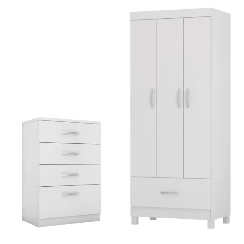 Conjunto de Guarda Roupa e Cômoda Piazza para Quarto 3 Portas 5 Gavetas Branco Demóbile - Demóbile - Móveis