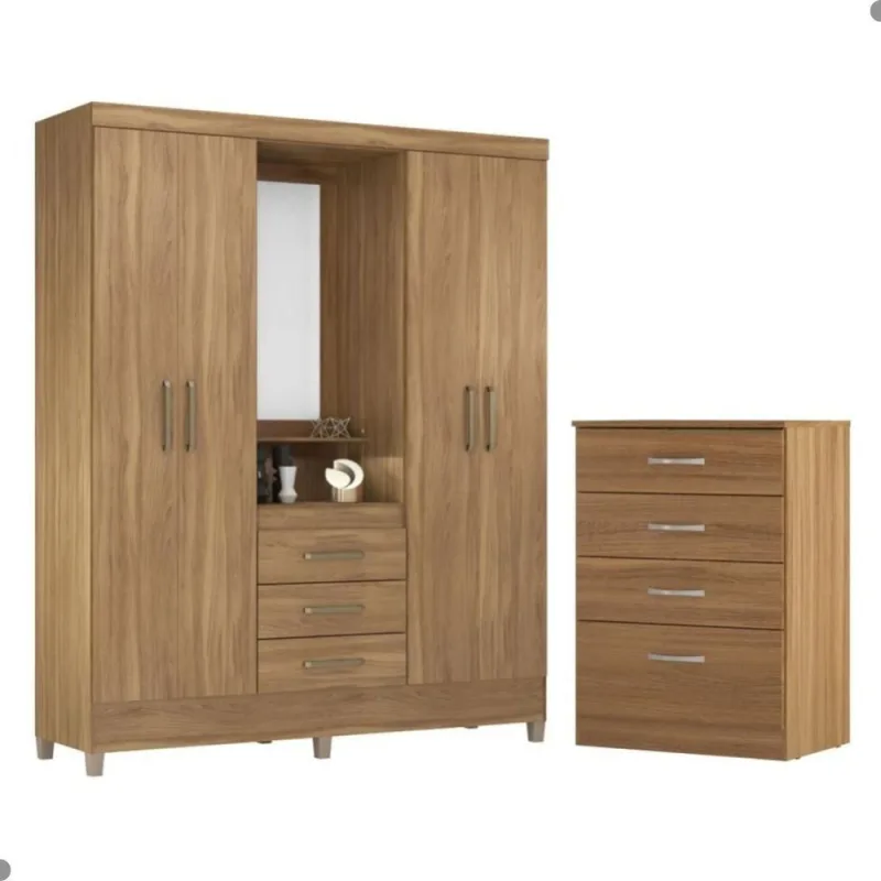 Conjunto de Guarda Roupa e Cômoda Ari para Quarto 4 Portas 6 Gavetas MDP Amendola Demóbile - Demóbile - Móveis