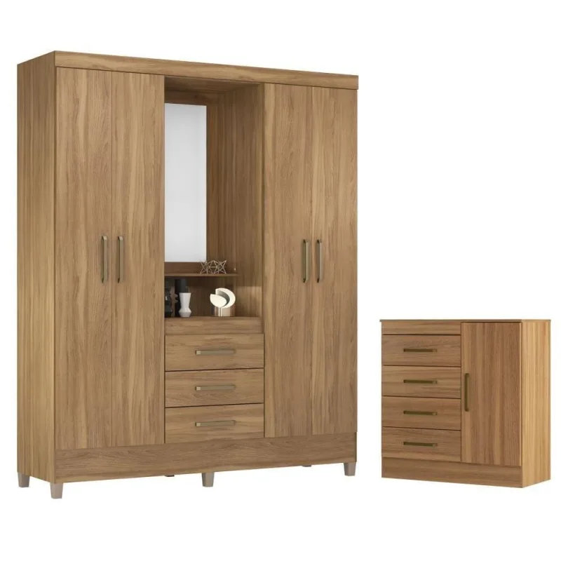 Conjunto de Guarda Roupa e Cômoda Boreal para Quarto 5 Portas 7 Gavetas Amêndola Demóbile - Demóbile - Móveis