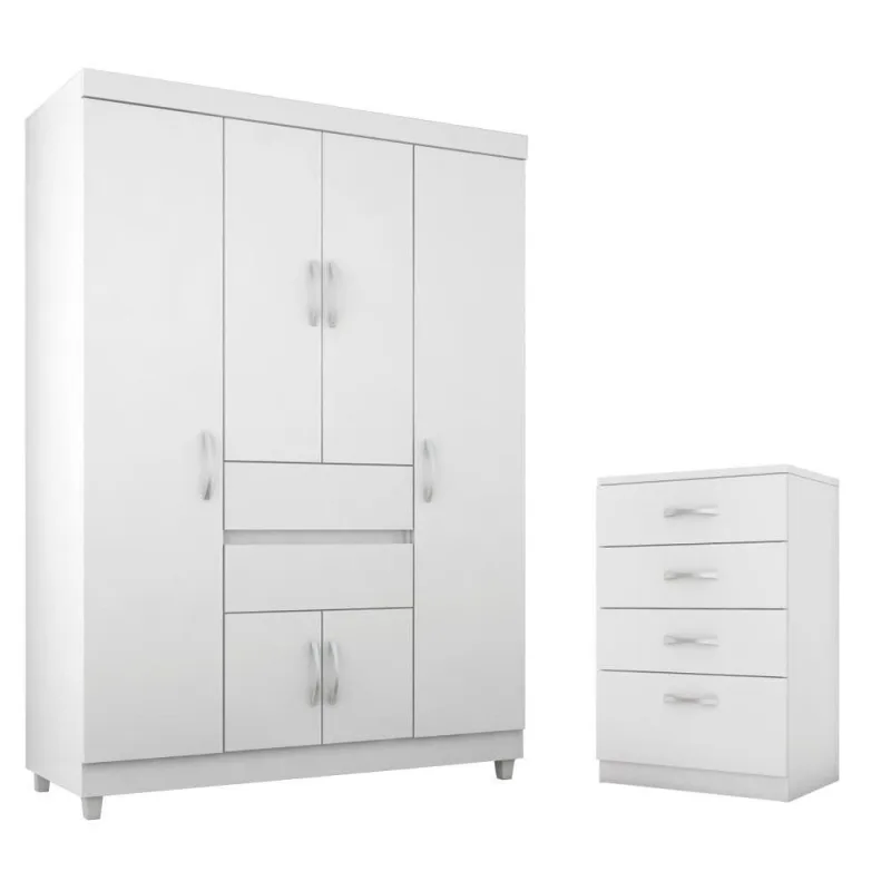 Conjunto de Guarda Roupa e Cômoda Otto para Quarto 6 Portas 6 Gavetas Branco Rosa Demóbile - Demóbile - Móveis
