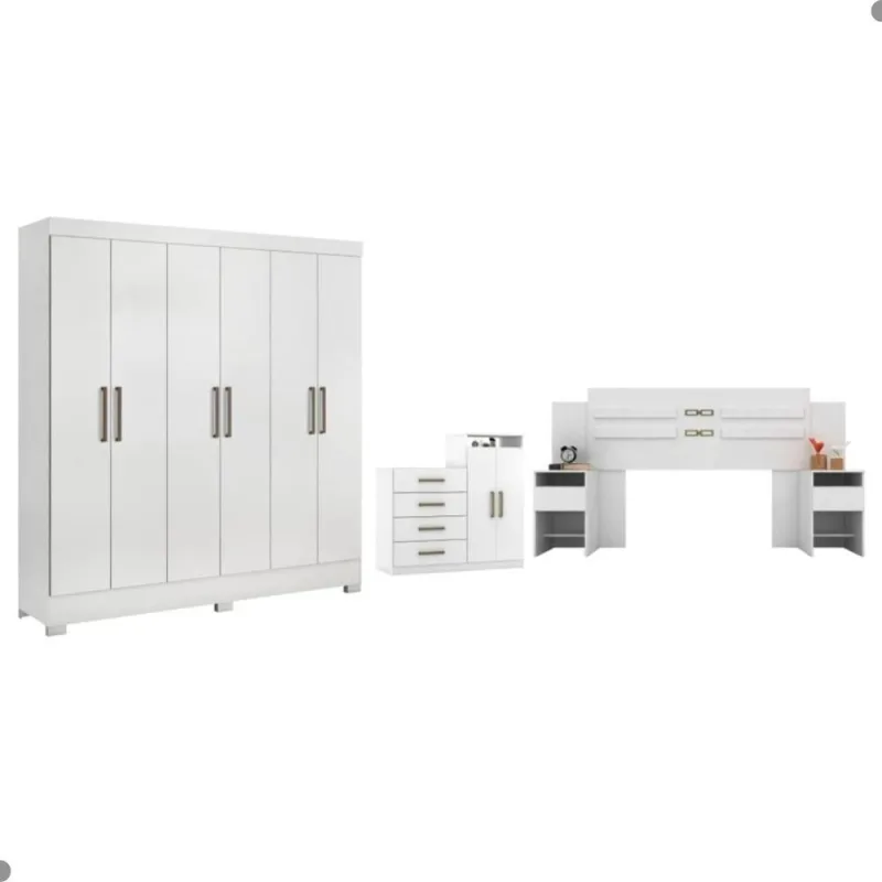 Conjunto para Quarto de Casal Falena Completo Branco MDP com Guarda Roupa Cômoda Cabeceira Demóbile - Demóbile - Móveis