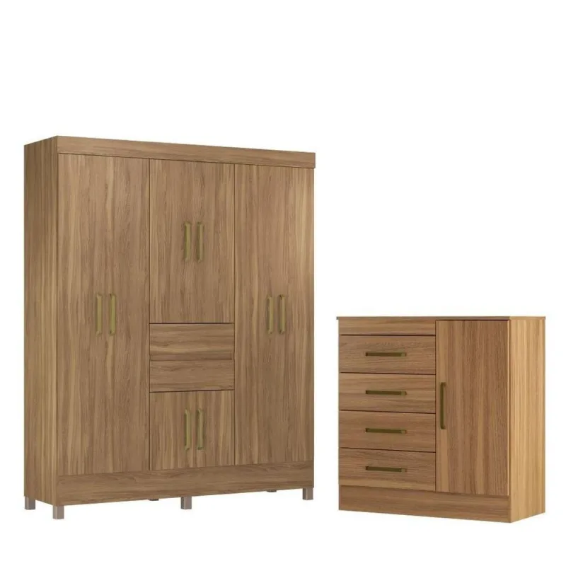 Conjunto de Guarda Roupa e Cômoda Cora para Quarto 9 Portas 6 Gavetas MDP 162CM Amêndola - Demóbile - Móveis