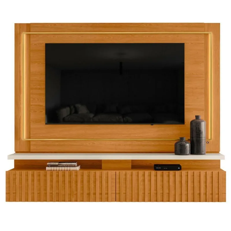 Home Theater Vicenza para TV 75 Polegadas 216CM MDP Ripado Cinamomo Off White com Fitas de LED Casah - Casah - Agro