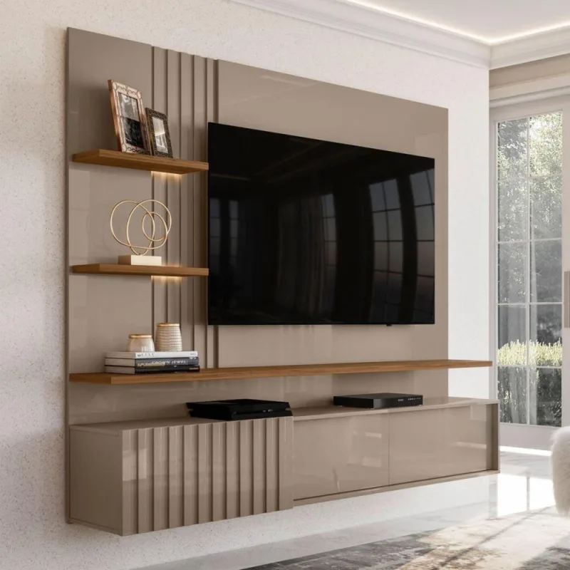Home Theater Cora para TV 65 Polegadas 200CM MDP Ripado Fendi Naturale com Iluminacao LED Madetec - madetec moveis - Agro