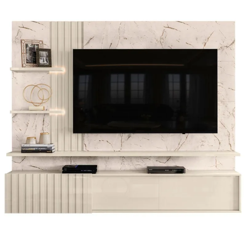 Home Theater Verona para TV 65 Polegadas 200CM MDP Ripado Frisado com Fitas de LED Calacata Off - Casah - Agro