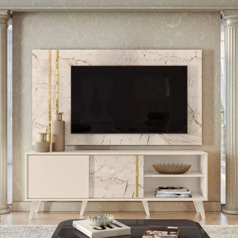Conjunto de Painel e Rack para TV Nexus 65 Polegadas 320CM MDP Cinamomo Off White Casah - Casah - Móveis