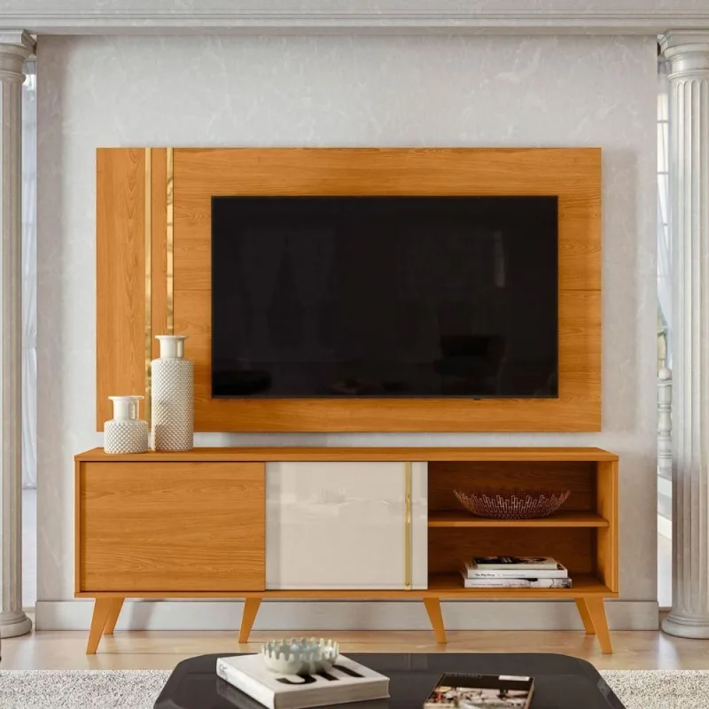 Conjunto Painel e Rack para TV TH SHOP 65 Polegadas MDP Cinamomo Off White Casah - Casah - Móveis