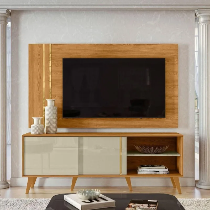 Conjunto Painel e Rack para TV TH SHOP 65 Polegadas MDP Cumaru Opala Marrom Casah - Casah - Móveis