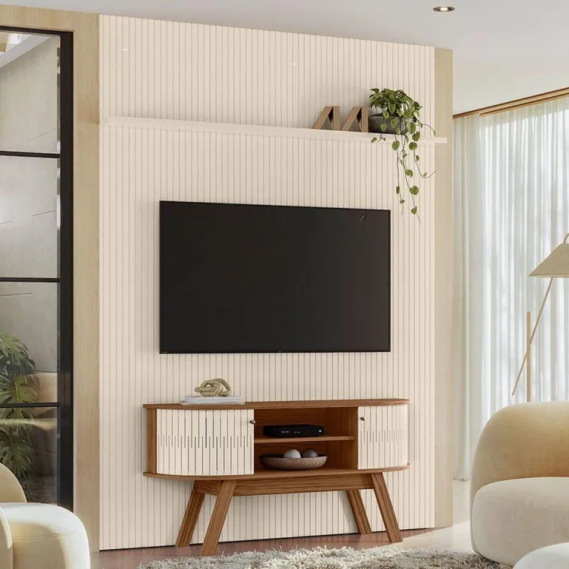 Conjunto Painel e Rack para TV Lume Nobre Naturale Off White 65 Polegadas MDP Casah - Casah - Móveis