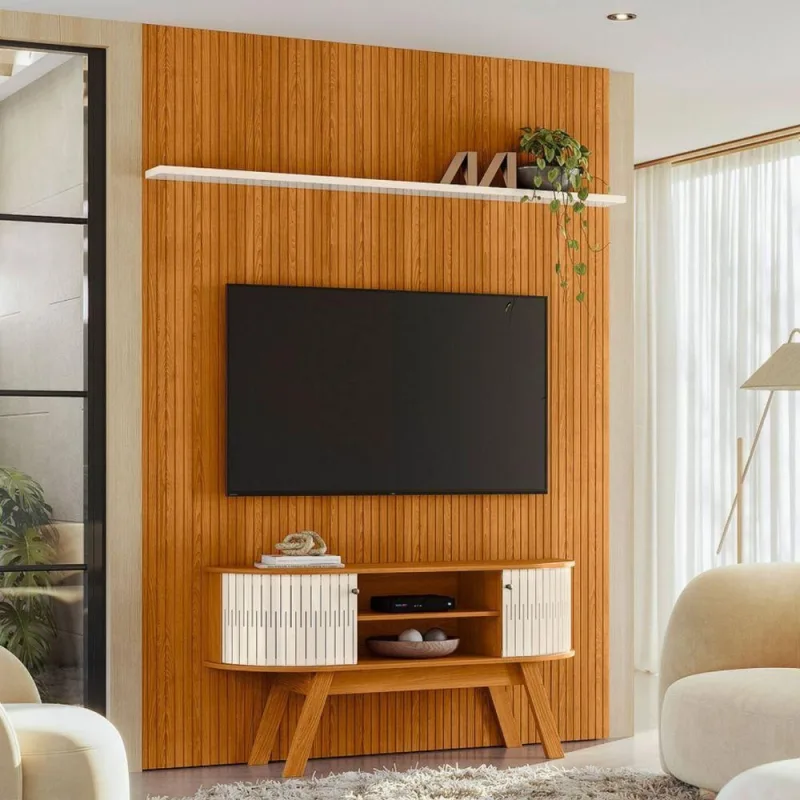 Conjunto Painel e Estante Genova para TV 65 Polegadas MDP Cinamomo Off White Casah - Casah - Móveis