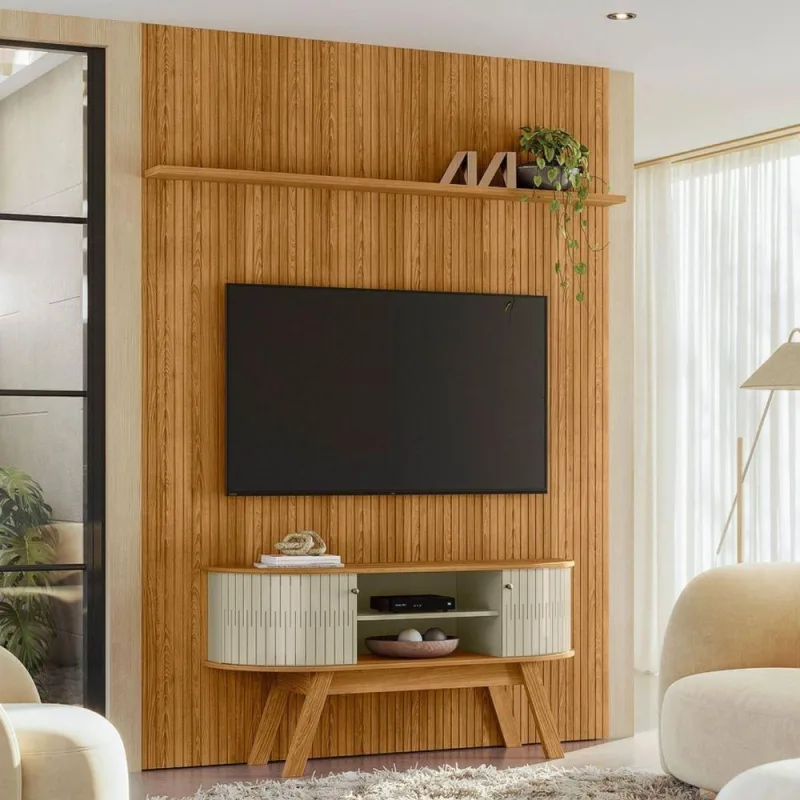 Conjunto Painel e Rack Névoa Cumaru Opala para TV 65 Polegadas MDP Marrom Casah - Casah - Móveis